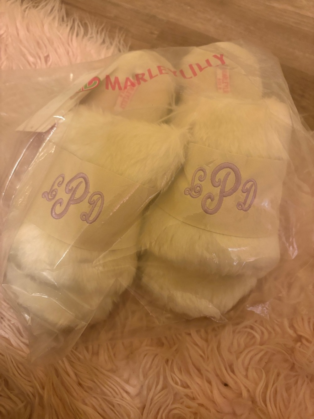 White Faux Fur Slide Slippers with Embroidered Monogram